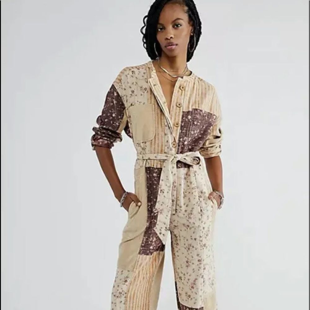 Free People Road Trip Patched Coveralls Cord Belted Floral Stripe TanBrownViolet